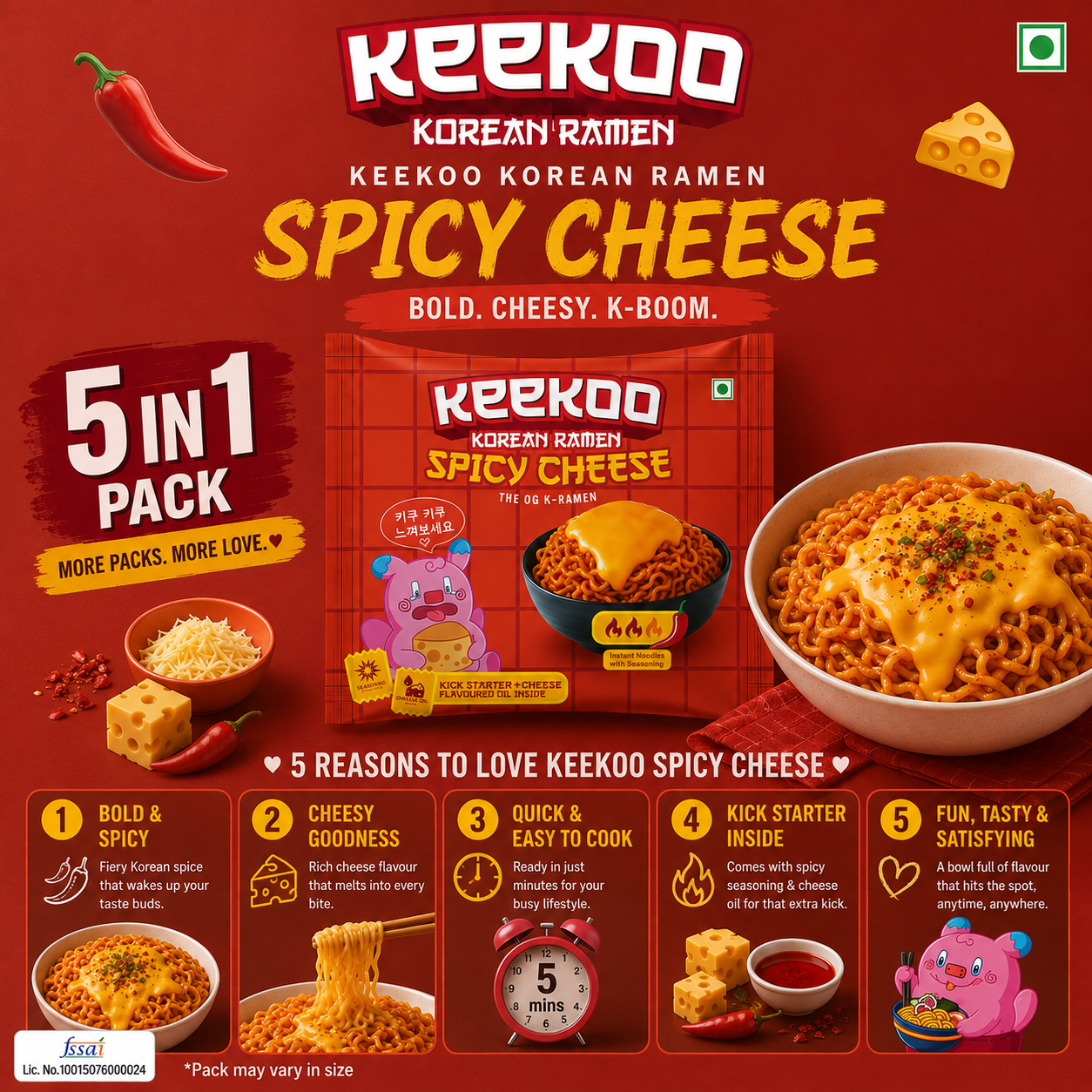 Keekoo Korean Ramen – Spicy Cheese | 5-in-1 Pack